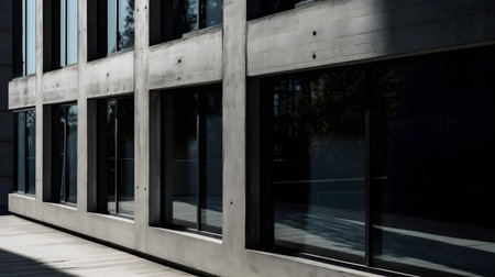 Modern office building exterior with glass walls and concrete floor. Perspective view.の素材
