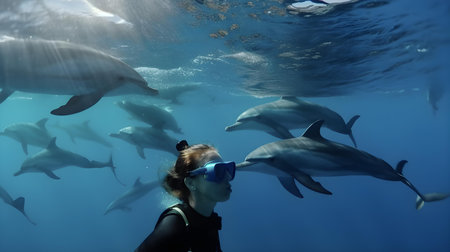 Underwater view of a young woman diving with dolphins in ocean.の素材