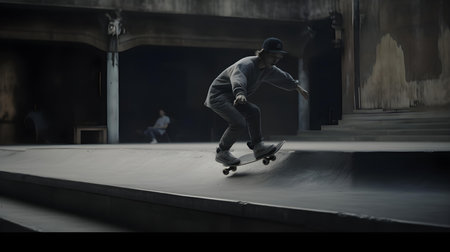 Skateboarder doing a trick on a skateboard in a skate park.の素材