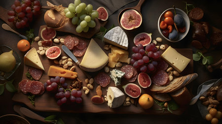 Cheese platter with grapes, nuts and fruits on wooden backgroundの素材