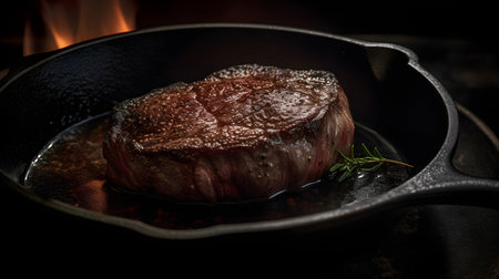 Grilled beef steak in a cast-iron pan on a dark backgroundの素材