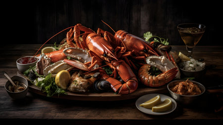 Lobster, crab, mussels, squid and lemon on wooden backgroundの素材