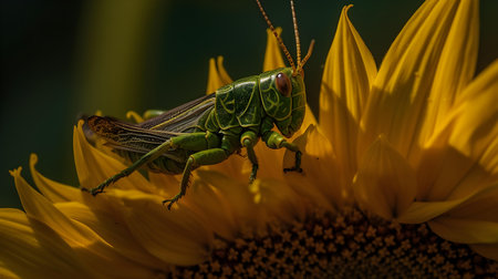 Grasshopper sitting on a sunflower in the garden.の素材