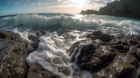 Beautiful seascape with rocks and waves at sunset time.の素材