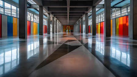 Interior of a modern office building with long corridor and colorful wallsの素材