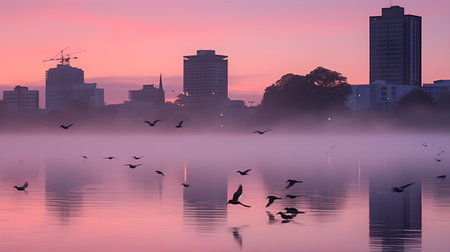Morning fog over the lake with silhouettes of buildings and skyscrapersの素材