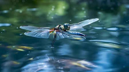 Dragonfly on the water in nature. Macro photography of a dragonfly.の素材