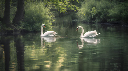 Two white swans swimming on the lake in the forest. Toned.の素材