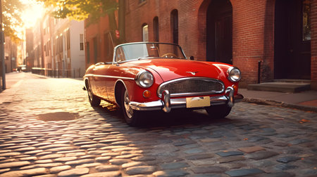 Vintage red car on the street of old town at sunset.の素材