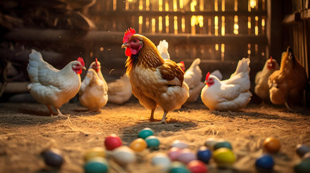 Easter eggs and chickens in the henhouse. Selective focus.の素材
