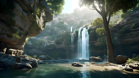 Waterfall in the forest, 3d rendering. Computer digital drawing.の素材