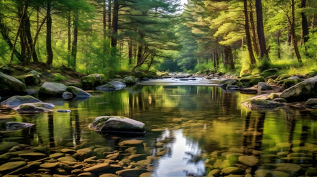 Landscape of forest river with rocks and reflections in the water.の素材