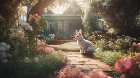 Cute white rabbit sitting in the garden with flowers. Vintage filtersの素材