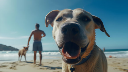 Portrait of a dog on the beach with a man in the backgroundの素材