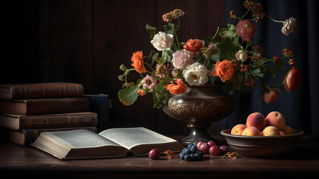 Still life with books, flowers and fruits on a wooden table.の素材