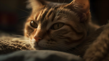 Close up of a tabby cat lying on a soft blanket.の素材