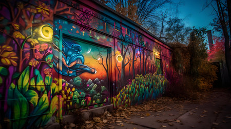 Graffiti on the walls of an old house at night in autumnの素材