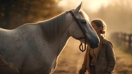 Beautiful young woman with a white horse on a field at sunsetの素材