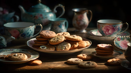 Cup of tea and cookies on a wooden table. Selective focus.の素材