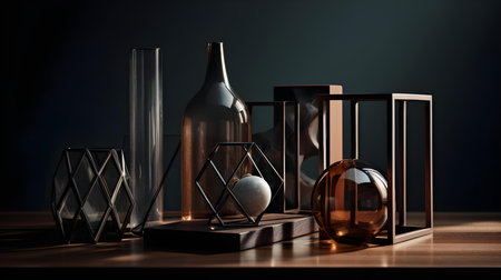 3d render of vases and glass bottles on wooden table.の素材