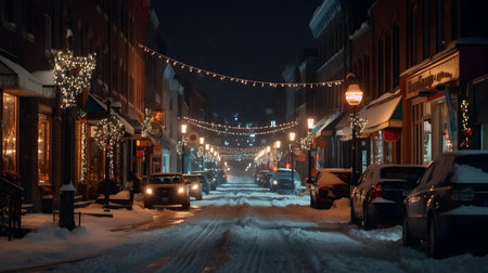 A view of a snow covered street at night in Boston, Massachusetts.の素材
