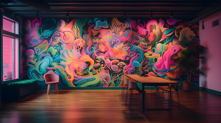 Interior of modern cafe with colorful graffiti wall. 3D renderingの素材