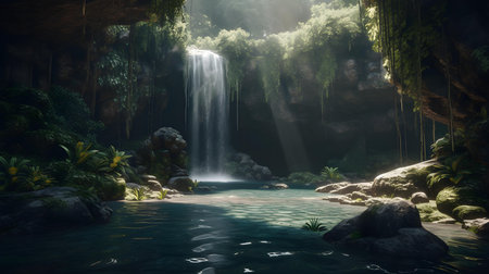 3D rendering of a waterfall in the jungle with plants and rocksの素材