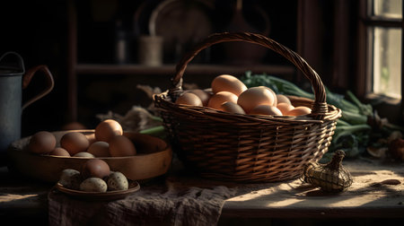 Basket of fresh eggs in rustic kitchen. Selective focusの素材