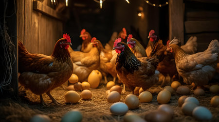 Chickens and eggs in the henhouse, close-upの素材