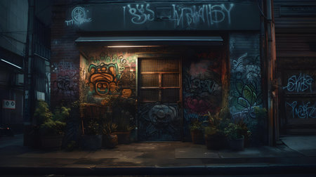 Graffiti on the wall of an old building in a night cityの素材
