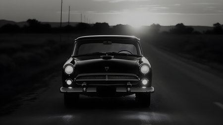 Old retro car on the road at sunset. 3d rendering.の素材