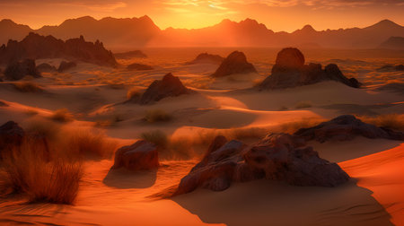 3D rendering of desert landscape with sand dunes and mountains at sunsetの素材