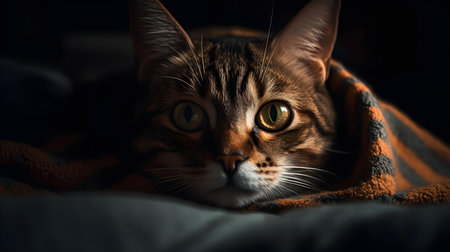Portrait of a beautiful bengal cat on the bed at homeの素材