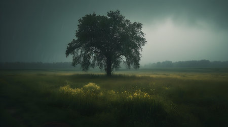 Tree in the fog in the field at dawn. 3d renderingの素材