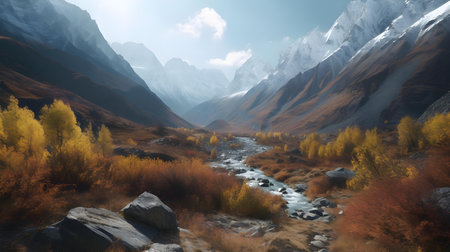 Mountain landscape with a river and autumn trees. 3d renderingの素材