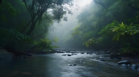 River flowing through the forest in a misty and foggy morningの素材