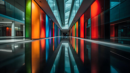 Interior of a modern office building with colorful lights in the foregroundの素材