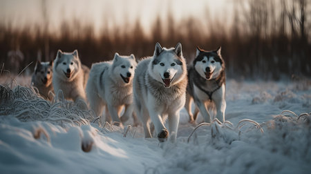 Group of siberian husky dogs running in winter field.の素材