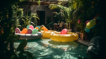 Colorful inflatable rings floating in swimming pool at luxury villaの素材