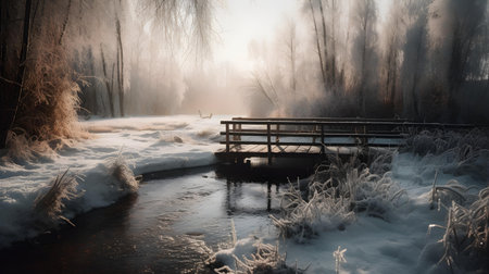 Foggy winter landscape with a wooden bridge over a frozen river.の素材