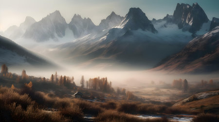 Foggy autumn landscape with mountains in the background, 3d renderの素材