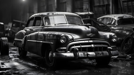 Old car in the rain. Black and white photo with shallow depth of field.の素材