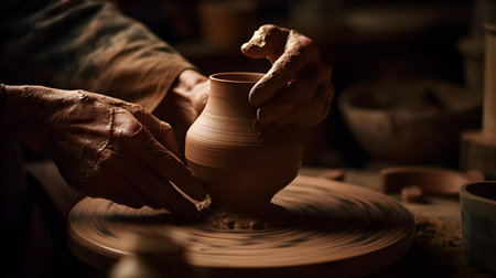 hands of a potter, creating an earthen jar on the circleの素材
