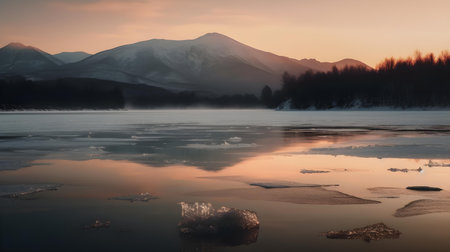 Winter landscape with frozen lake and mountains in the background at sunset.の素材