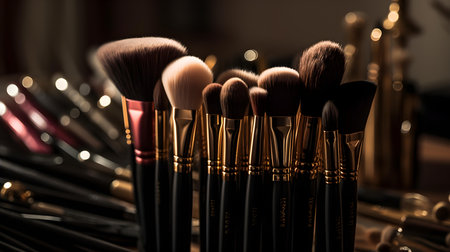 Makeup brushes in a row on a dark background. Close up.の素材