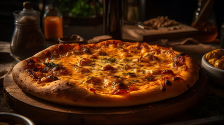 Pizza with chicken, mushrooms, cheese and herbs on a wooden tableの素材