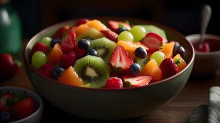 Fresh fruit salad in a bowl on a wooden table. Selective focus.の素材