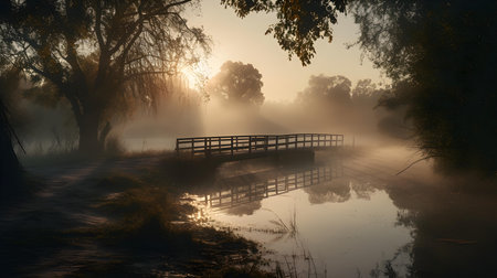 Sunrise over the river in a foggy morning. 3d renderingの素材
