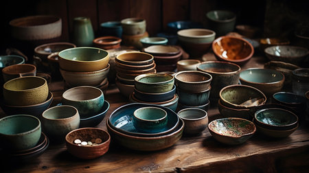 Ceramic tableware in the pottery workshop, Thailand.の素材
