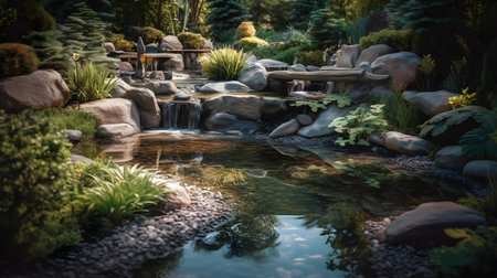 Luxury garden design with pond and stone in the garden.の素材